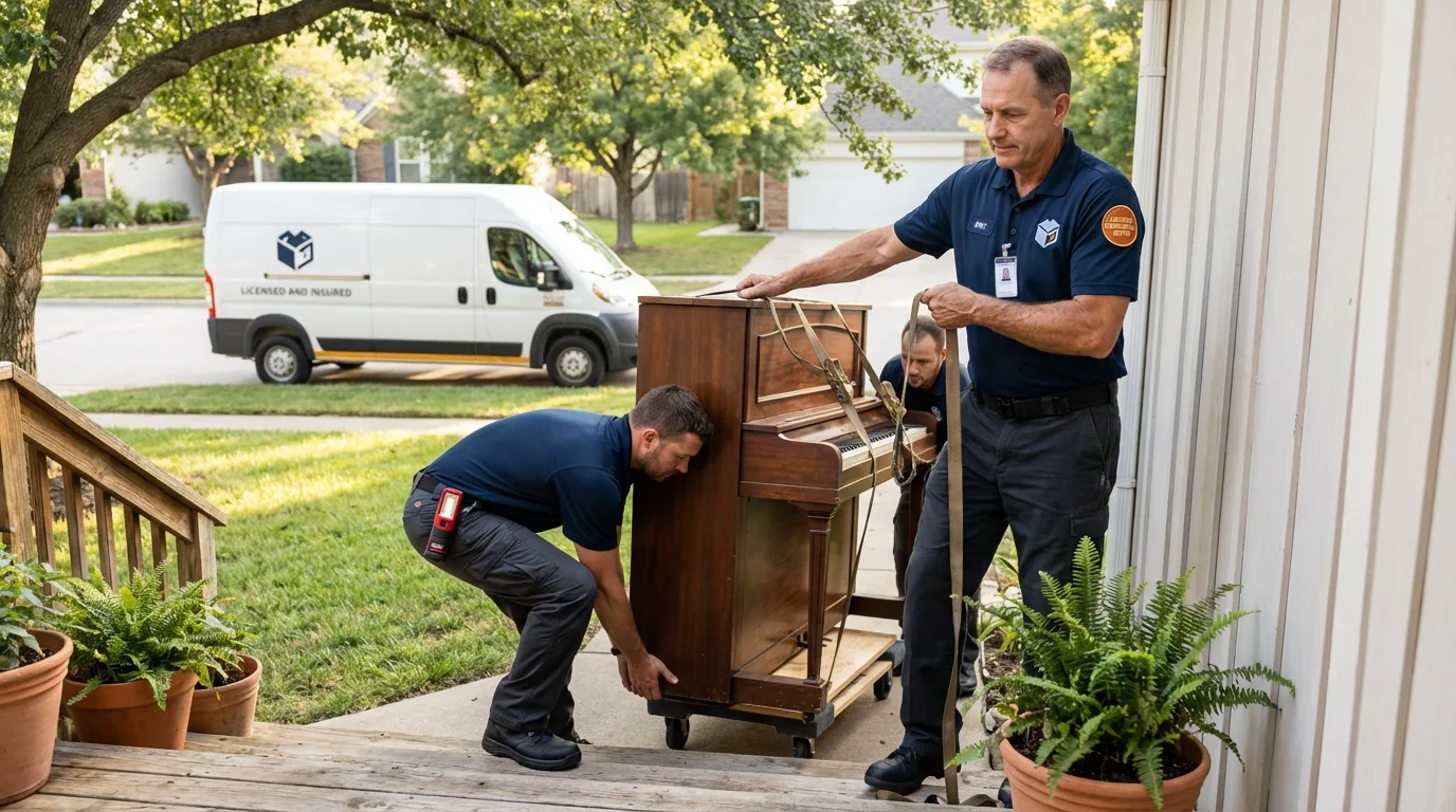 Licensed piano movers securing grand piano in Palm City, FL