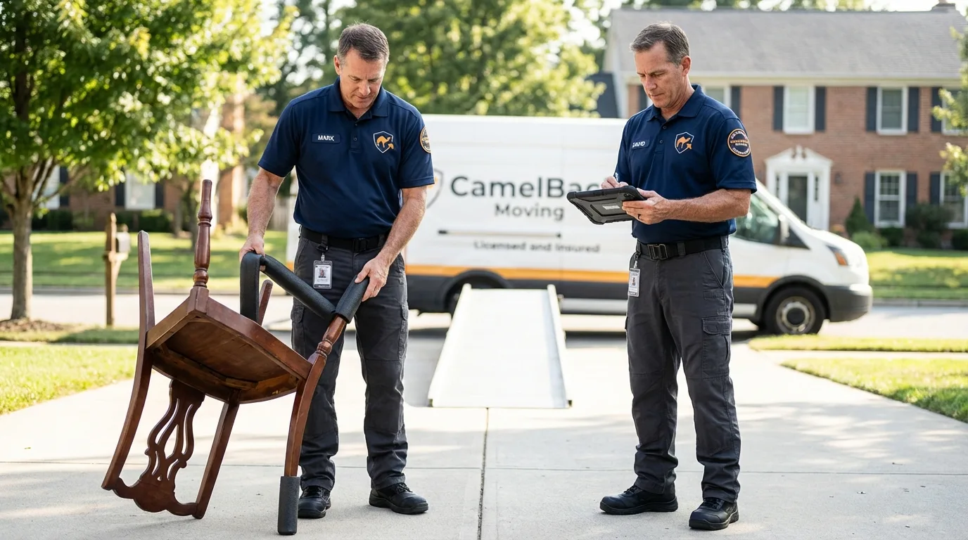 Movers inspecting furniture for damage prevention before loading in Palm City, FL