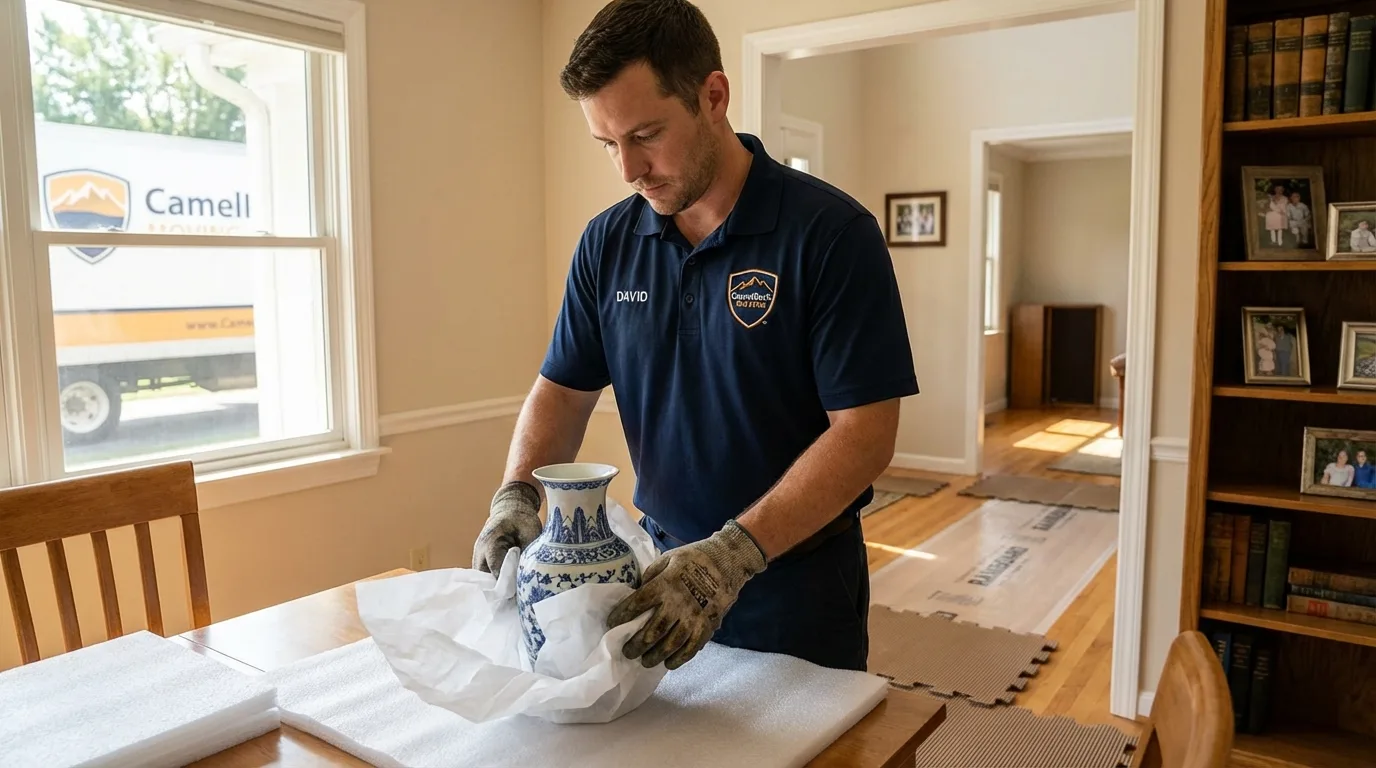 Professional crew carefully wrapping antique vase for senior downsizing move in Palm City, FL